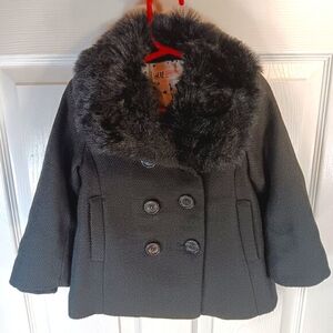 H&M Black Pea Coat Jacket Dress Coat Faux Fur Collar Girl's Size 18-24M